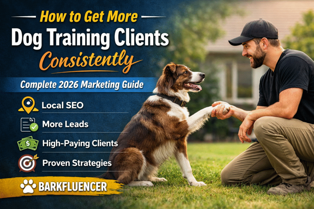Dog trainer shaking hands with a trained dog representing how to get more dog training clients consistently