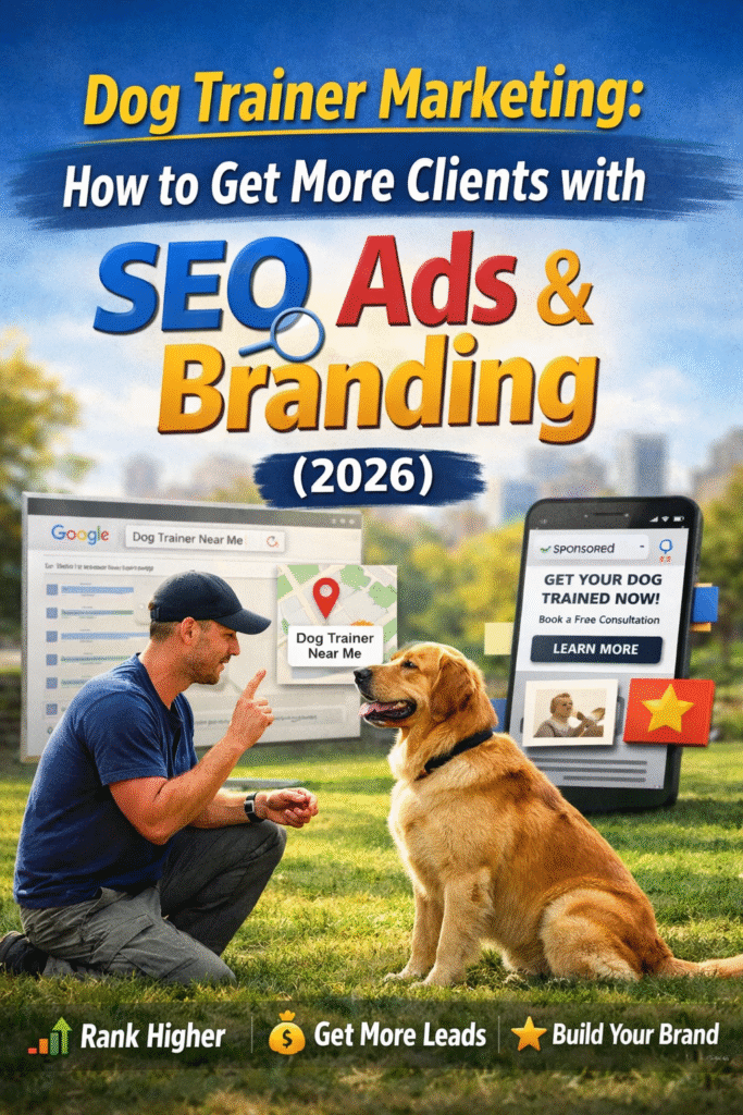 Dog trainer marketing concept showing SEO, ads, and branding to get more clients