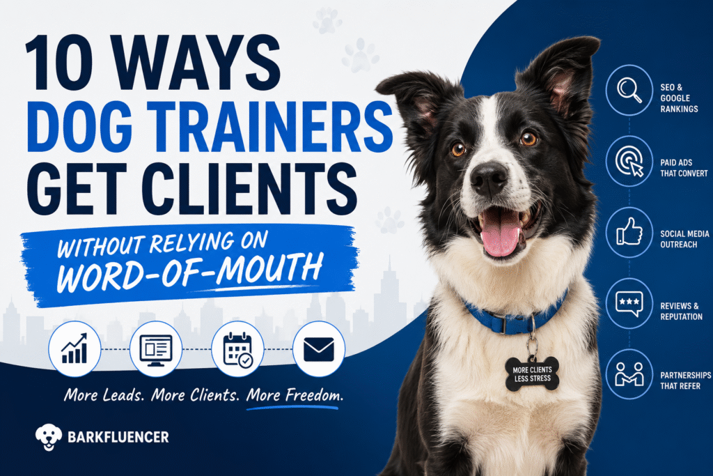 Dog trainer marketing strategies illustration showing ways dog trainers get clients through SEO, Google Ads, social media, reviews, and referrals