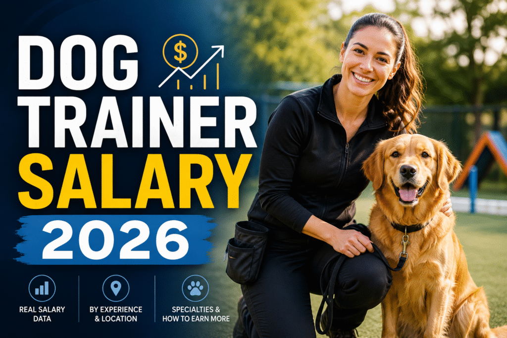 Confident dog trainer with a client and golden retriever in a park with text overlay “Dog Trainer Salary 2026”
