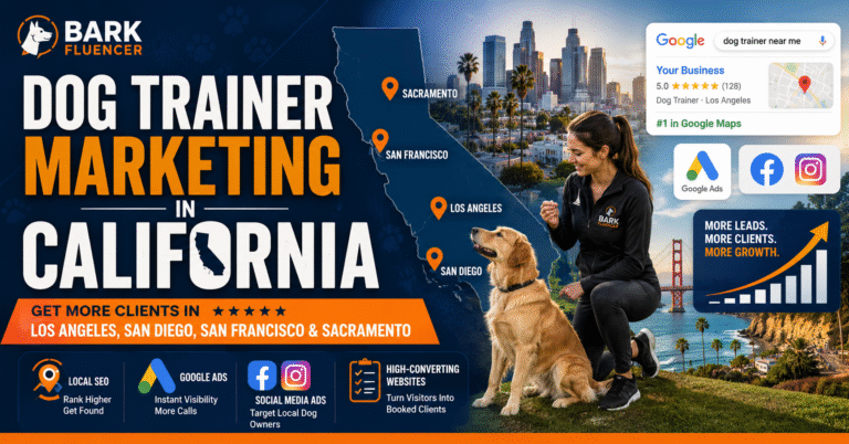 Dog Trainer Marketing in California helping dog trainers get more clients in Los Angeles, San Diego, San Francisco, and Sacramento through SEO, Google Ads, and social media marketing.