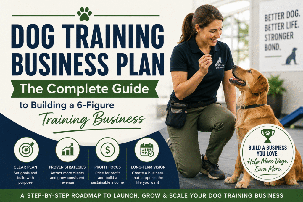 Professional dog trainer working with a dog while explaining a business plan for building a successful training company.
