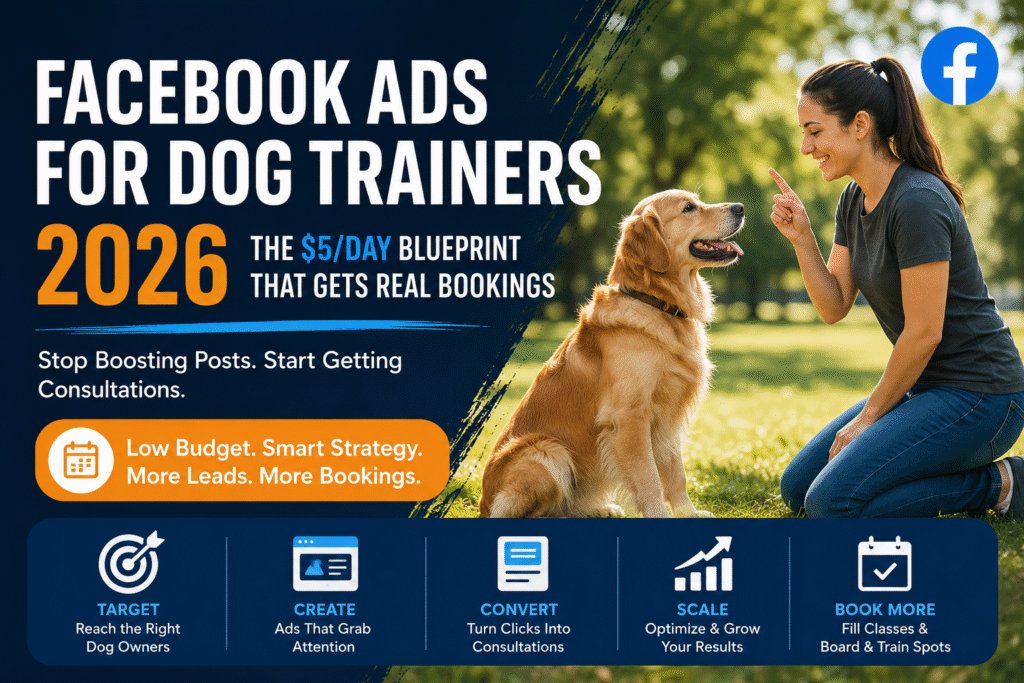Dog trainer using Facebook ads to generate consultation bookings with a low-budget marketing strategy in 2026.