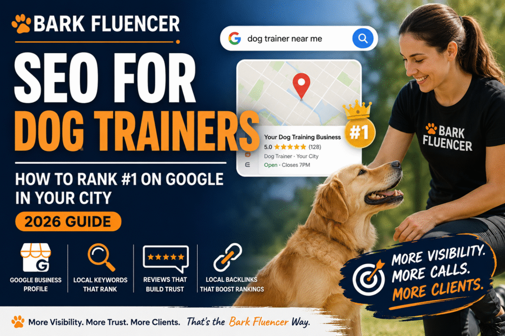 SEO for Dog Trainers guide showing Google rankings, local SEO, Google Business Profile optimization, and Bark Fluencer branding.