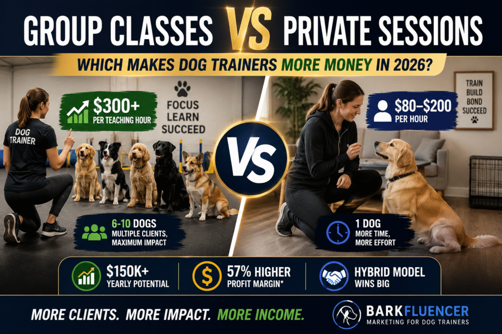 Dog trainer teaching group classes compared to private dog training sessions for higher income and business growth