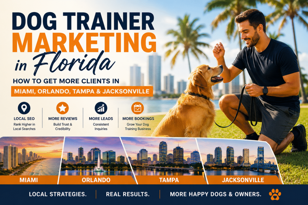 Dog trainer marketing in Florida showing Local SEO and Google Ads strategies to help trainers get more clients in Miami, Orlando, Tampa, and Jacksonville.