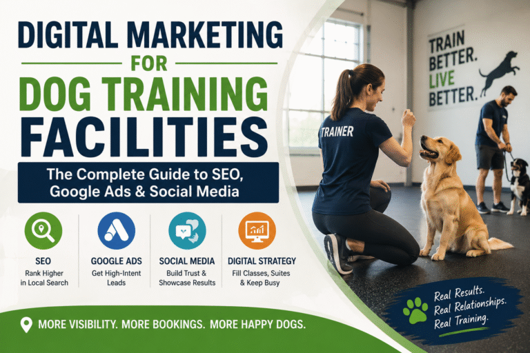 Digital marketing for dog training facilities using SEO, Google Ads, and social media