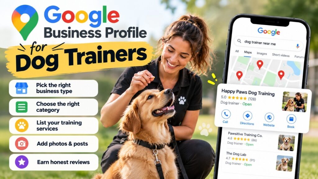 Google Business Profile optimization guide for dog trainers, showing key setup steps, Google Maps visibility, and a dog trainer with a golden retriever.