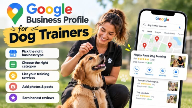 Google Business Profile optimization guide for dog trainers, showing key setup steps, Google Maps visibility, and a dog trainer with a golden retriever.
